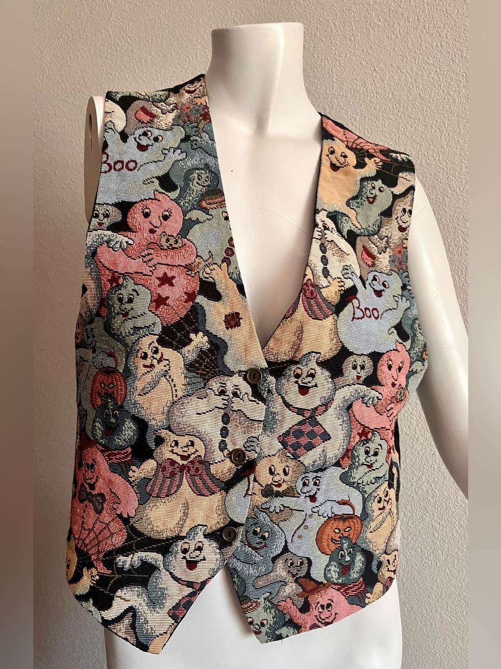Vintage Paul Harris Design Halloween Ghost Tapestry Vest USA Medium - Picture 7 of 11